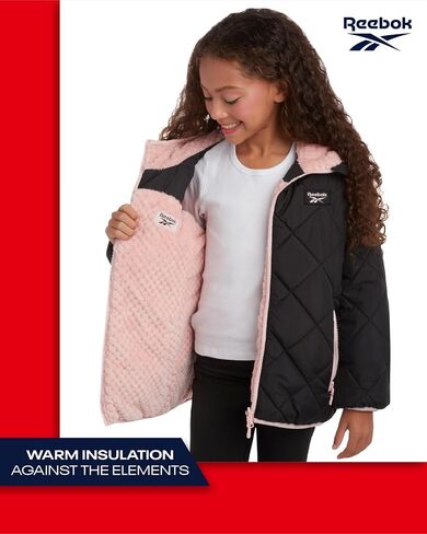 Reebok Girls' Reversible Puffer Jacket - Quilted Winter Coat with Snow Fleece Lining - Warm Hooded Jacket for Girls (7-16) in Saudi Arabia