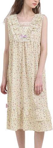 ULLALA Pajamas for Women Vintage sleevless 40'S Cotton Bouquet One-Piece Cream Soft Sleepwear 1Piece one Size in Kuwait