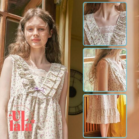 ULLALA Pajamas for Women Vintage sleevless 40'S Cotton Bouquet One-Piece Cream Soft Sleepwear 1Piece one Size in Kuwait