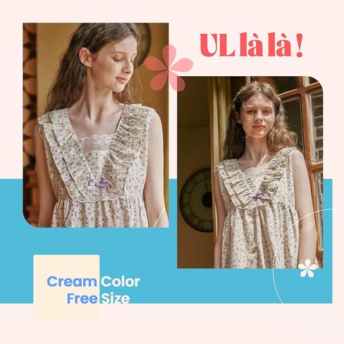 ULLALA Pajamas for Women Vintage sleevless 40'S Cotton Bouquet One-Piece Cream Soft Sleepwear 1Piece one Size in Kuwait