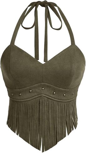 Women's Y2K Fringe Halter Top Western Cowgirl Tie Tank Top Tassel Rivet Faux Suede Hippie Crop Top 70s 60s Vintage in Saudi Arabia