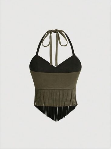 Women's Y2K Fringe Halter Top Western Cowgirl Tie Tank Top Tassel Rivet Faux Suede Hippie Crop Top 70s 60s Vintage in Saudi Arabia