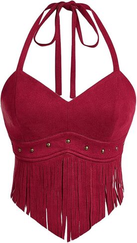 Women's Y2K Fringe Halter Top Western Cowgirl Tie Tank Top Tassel Rivet Faux Suede Hippie Crop Top 70s 60s Vintage in Saudi Arabia