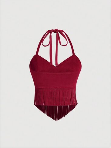 Women's Y2K Fringe Halter Top Western Cowgirl Tie Tank Top Tassel Rivet Faux Suede Hippie Crop Top 70s 60s Vintage in Saudi Arabia