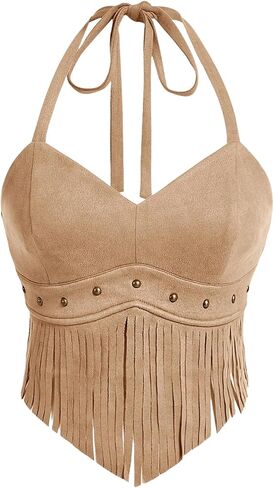 Women's Y2K Fringe Halter Top Western Cowgirl Tie Tank Top Tassel Rivet Faux Suede Hippie Crop Top 70s 60s Vintage in Saudi Arabia