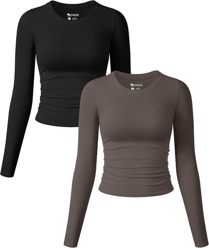 OQQ Womens 2 Piece Shirts Long Sleeve Crew Neck Ruched Stretch Basic Fitted Tee Shirts Tops in Kuwait