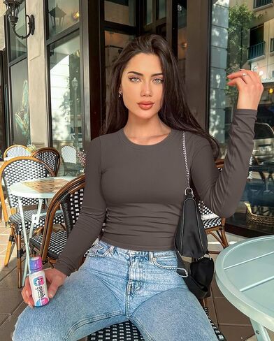 OQQ Womens 2 Piece Shirts Long Sleeve Crew Neck Ruched Stretch Basic Fitted Tee Shirts Tops in Kuwait