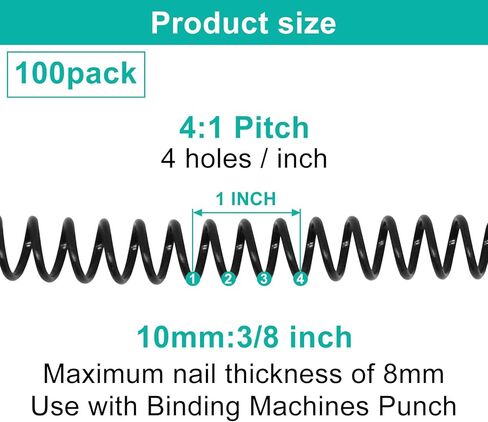 Plastic Spiral Binding Coils 100 Pack, Coil Binding 10mm(3/8") 75 Sheet Capacity, 4:1 Pitch Black Binding Spirals for Students and Coworkers in Kuwait