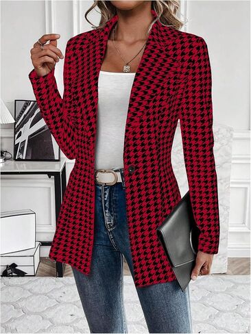 MakeMeChic Women's Houndstooth Blazer Jacket Lapel Collar Button Down Long Sleeve Suit Jacket in Saudi Arabia