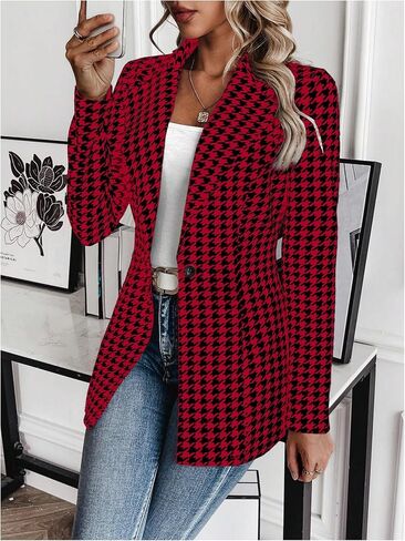 MakeMeChic Women's Houndstooth Blazer Jacket Lapel Collar Button Down Long Sleeve Suit Jacket in Saudi Arabia