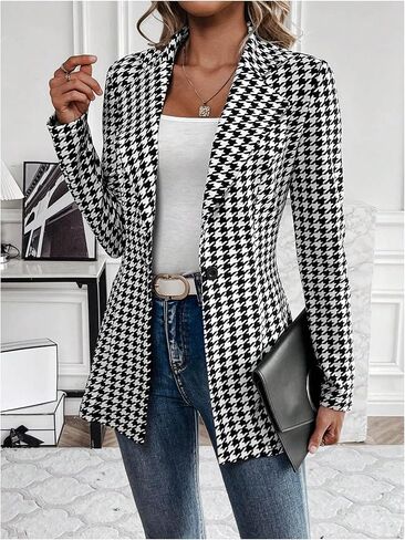 سترة نسائية من MakeMeChic بتصميم هاوندزتوث وياقة على شكل طية صدر وأكمام طويلة وأزرار سفلية in Kuwait