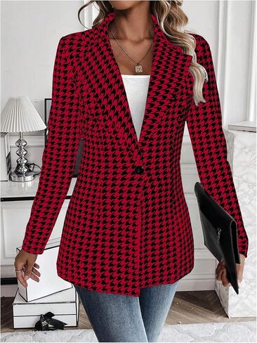 MakeMeChic Women's Houndstooth Blazer Jacket Lapel Collar Button Down Long Sleeve Suit Jacket in Saudi Arabia