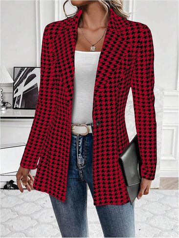 MakeMeChic Women's Houndstooth Blazer Jacket Lapel Collar Button Down Long Sleeve Suit Jacket in Saudi Arabia
