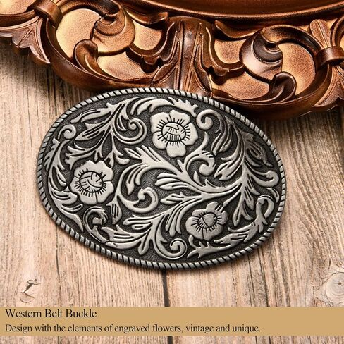 Antique Engraved Flower Belt Buckle, Western Cowboy Belt Buckle, Oval Foral Belt Buckle for Men Women in Kuwait