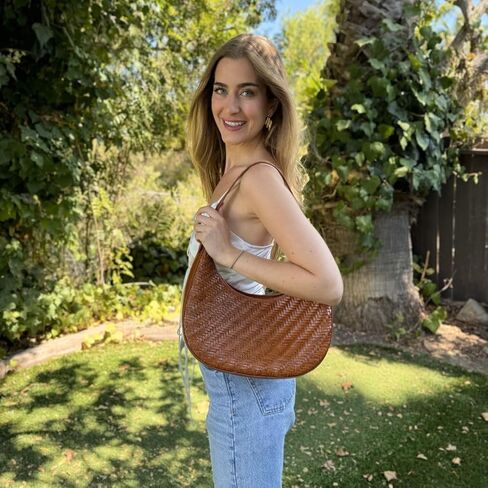 Woven Leather Handbag for Women – Crescent Leather Purse with Adjustable Strap, Zipper Closure - Underarm Bag in Saudi Arabia