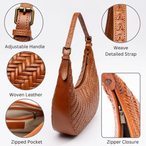 Woven Leather Handbag for Women – Crescent Leather Purse with Adjustable Strap, Zipper Closure - Underarm Bag in Saudi Arabia