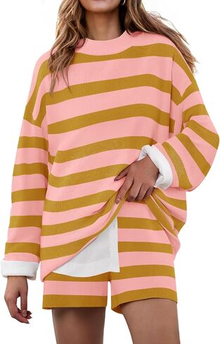 ZESICA Striped Lounge Sets for Women 2 Piece Oversized Outfits Long Sleeve Tops and Shorts Sweater Pajama Set in Saudi Arabia