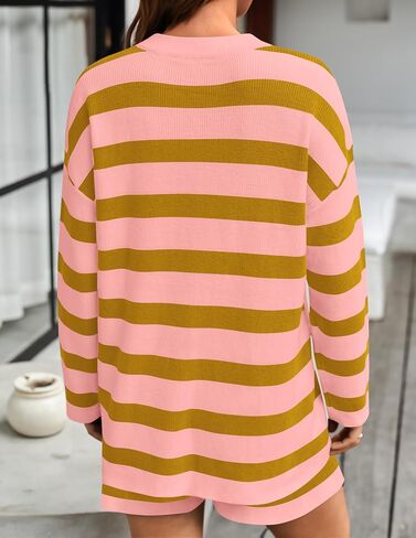 ZESICA Striped Lounge Sets for Women 2 Piece Oversized Outfits Long Sleeve Tops and Shorts Sweater Pajama Set in Saudi Arabia