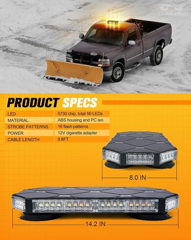 Lumenix 56 LED سقف أعلى منارة أضواء شريط على السطح تحذير المخاطر السلامة في حالات الطوارئ وامض ضوء المحراث لمركبات البناء سحب الشاحنات التجارية البريدية سيارات الأمن Snowplow - العنبر الأبيض in Kuwait