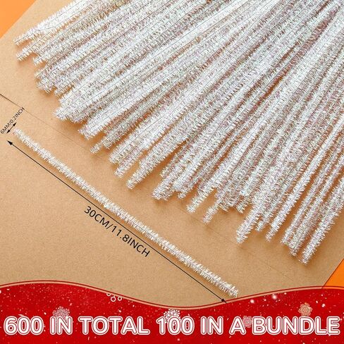 600 قطعة من منظفات الأنابيب اللامعة من سيندر للحرف اليدوية، مقاس 30.48 سم، سيقان من الشنيل، منظفات الأنابيب المعدنية الفضية بالجملة لعيد الميلاد، لوازم الحرف اليدوية والديكورات الفنية in Kuwait