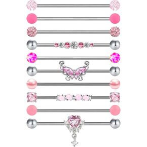 10Pcs 14G Industrial Piercing Jewelry Surgical Steel Industrial Barbell Earrings for Women Helix Cartilage Piercing Earrings