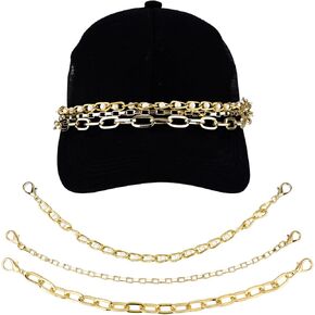 3pcs Trucker Hat Chains, 12in Metal Chains for Baseball Cap Trucker Hat Chains Bill Decoration Easy to Take Off Hat Chain Charms Brim Decoration Fashionable Trucker Hat Accessories(Gold)