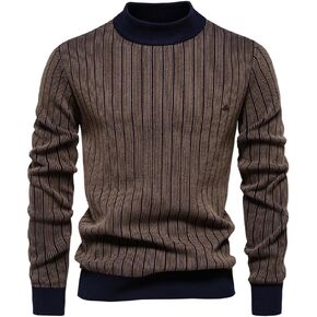 Men's Mock Turtleneck Sweater Stand Collar Striped Knit Pullover Sweater for Men