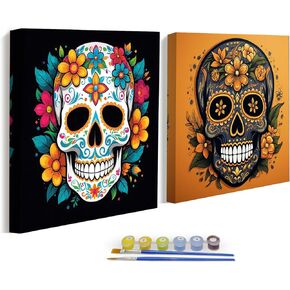 KYOQFVN Skull Paint by Numbers Kit for Adults - 2 Pack Halloween Number Painting for Adults - Acrylic Easy Horror Skeleton Paint by Numbers with Frame - Adult Paint by Number Kits 8x8inch