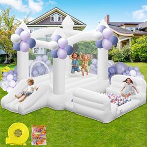 White Bounce House for Kids 3-10, Large Inflatable Bouncy House with Air Blower Slide Ball Pit Jumping 100 Balloons, Bouncy Castle for Party Birthday Wedding Event Indoor Outdoor (10x6x6FT)