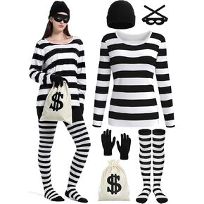 6 PCS Halloween Costume Set, Womens Robber Costume Set Adult Halloween Cosplay Costume Burglar Shirt Accessories