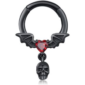 KoyeKei Black Bat Skull/Spike Septum Rings 925 Sterling Silver Bat Wing Halloween Septum Jewelry 16G Daith Piercing Gothic Jewelry Helix Earring Hoop Halloween Gothic Gifts for Women Men