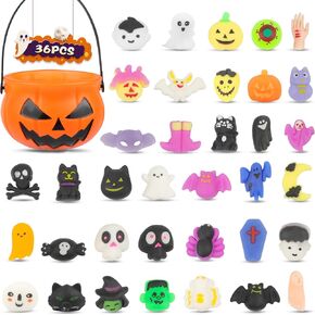 36PCS Halloween Mochi Squishy Toys with Pumpkin Bucket, WOXAFO Halloween Party Favors, Assorted Halloween Squeeze Gift Bulk Pumpkin Ghost Spider Squishies Toy for Kids