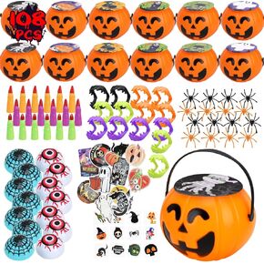 TOY Life Halloween Toys Prefilled Pumpkins Buckets Halloween Party Favors for Kids Bulk, 162Pcs Halloween Pinata Stuffers Halloween Bucket Goodies Bag Halloween Prizes Trick or Halloween Treats