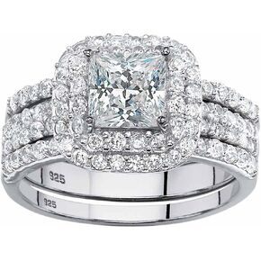 PalmBeach Platinum-plated Sterling Silver Princess Cut Cubic Zirconia Halo 3 Piece Bridal Ring Set Sizes 5-10