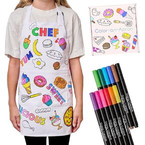 Color-An-Apron Kit - Interactive Coloring Kit with Favorite Foods & Words Plus 12 Fabric Markers for Kids - Fun & Educational Craft for Young Chefs 4-10 Years old