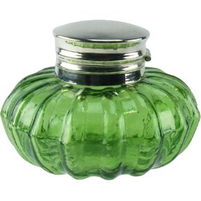 Treasure Gurus Antique Reproduction Silver Flip Top Light Green Thick Glass Inkwell