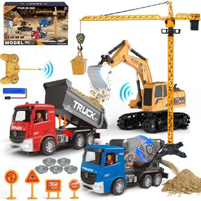 4-in-1 Kids Remote-Control-Construction Vehicle Toy Set with Rechargeable RC-Excavator & Friction-Powered Crane Dump Cement Mixer Truck,Christmas Birthday Gifts for Boys Girls Ages 6-12+