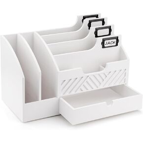 Fantasyon Mail Organizer Countertop White Wood Mail Holder Wooden Desk Organizer with Drawer Desktop Mail Sorter Bill File Organizer Mail Basket Desk Office Accessories for Paper Letter Envelope