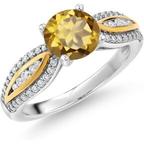 Gem Stone King 925 Silver and 10K Yellow Gold Champagne Quartz and White Lab Grown Diamond Engagement Ring For Women | 1.50 Cttw | Round 7MM | Gemstone Birthstone | Available in Size 5,6,7,8,9