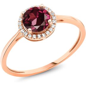 Gem Stone King 10K Rose Gold Gemstone Birthstone and White Diamond Halo Promise Wedding Engagement Ring | Round 6MM | Rose Gold Ring For Women