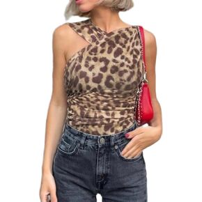 Women's Sleeveless Cheetah Print Top Halter Ruched Mesh Leopard Print Going Out Tops for Women Streetwear Bodysuit Top