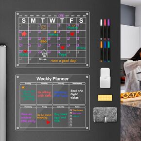 Acrylic Calendar for Fridge - Set of 2 Set Clear Dry Erase Board - 16"x12"Magnetic Fridge Calendar Includes 6 Markers