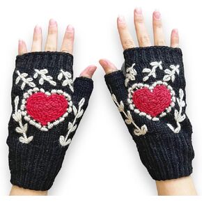 Red Heart Black Knit Fingerless Gloves Embroidered 100% Alpaca Fleece Lined Arm Warmers Handmade Texting Driving