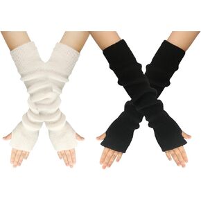 2 Pairs Knittde Long Arm Warmers Women Fingerless Gloves Cashmere Blend Elbow Warmers Mittens with Thumb Hole