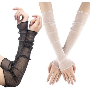 2 Pairs Long Mesh Gloves for Women, Black/White Arm Sleeves, Fingerless Sun UV Protection Summer Cooling Arm Covers for Women, Girls for Outdoor, Halloween, Parties