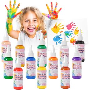 Homcosan Washable Finger Paint 12 Colors Set Large Capacity (2.1fl oz) with Brushes/Paper Non Toxic Finger Paints Art Painting Supplies for Hand Painting DIY Crafts Gifts