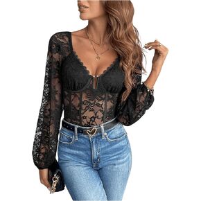 SweatyRocks Women's Long Sleeve Lace Bodysuit Fishnet Sheer Mesh Leotards Tops