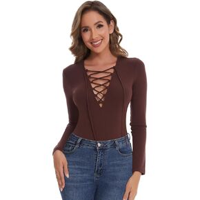 SHAPERIN Long Sleeve Bodysuit for Women Sexy Deep V Neck Lace Up Criss Cross Strappy Body Suit Shirt Top