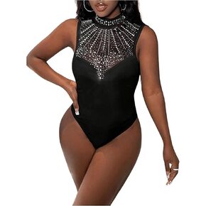 MakeMeChic Women's Rhinestone Glitter Mesh Mock Neck Leotard Bodysuit Party Tank Top Bodysuits