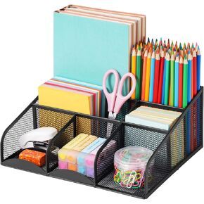 Marbrasse Mesh Desktop Organizer with Cell Phone Holder,Office Desk Organizers and Accessories,Multifunctional Office Supplies Storage, 6 Compartments - Black